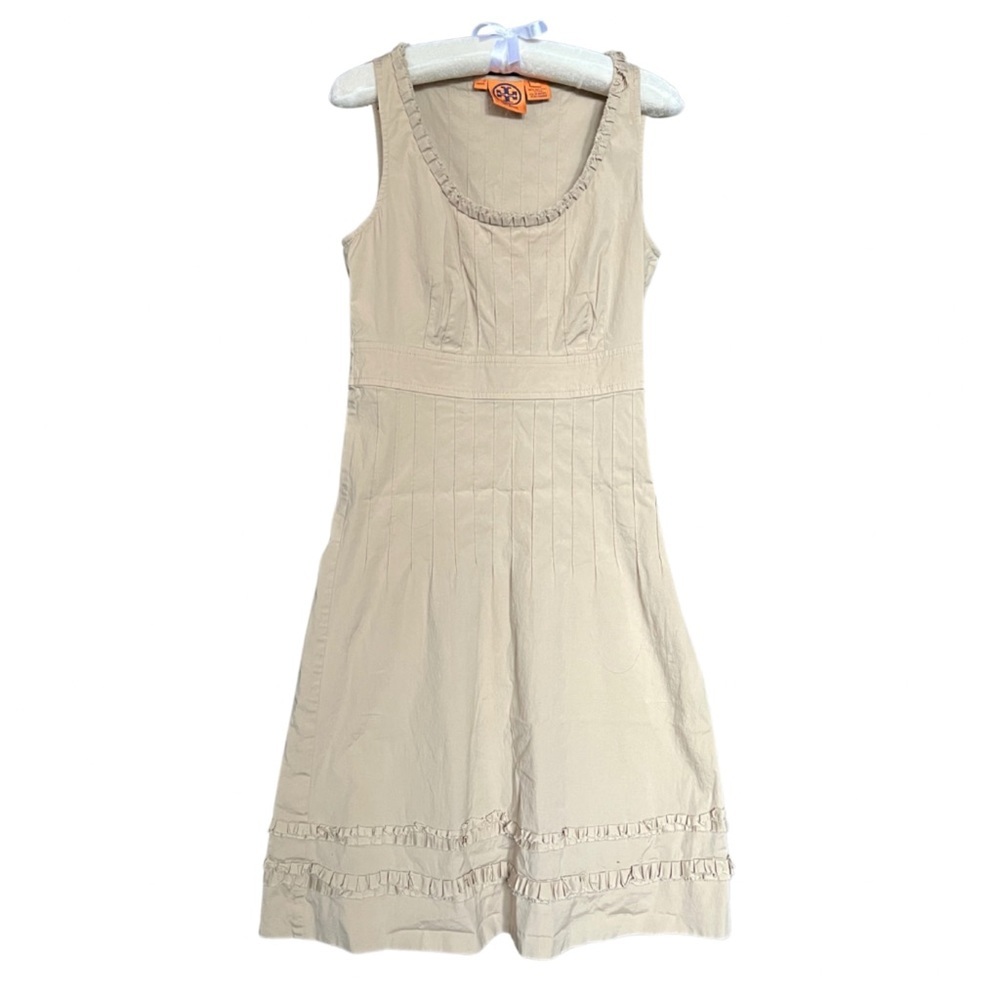 Tory Burch Ribbon Ruffle Pleated A Line Midi Dress Cream Size 2 - Picture 4 of 4
